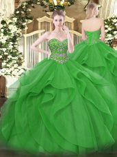 Green Lace Up Sweetheart Beading and Ruffles 15th Birthday Dress Tulle Sleeveless