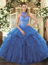 Blue Quinceanera Dress Sweet 16 and Quinceanera with Beading and Embroidery and Ruffles Halter Top Sleeveless Lace Up