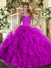 Fuchsia Tulle Lace Up 15 Quinceanera Dress Sleeveless Floor Length Ruffles