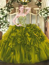 Extravagant Olive Green Sleeveless Floor Length Beading and Ruffles Lace Up Sweet 16 Quinceanera Dress