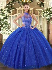 Custom Design Halter Top Sleeveless Tulle and Sequined Vestidos de Quinceanera Beading and Embroidery Lace Up