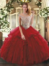 Sweet Floor Length Wine Red Quinceanera Gown Off The Shoulder Sleeveless Lace Up
