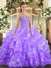 Elegant Sweetheart Sleeveless 15th Birthday Dress Floor Length Embroidery and Ruffled Layers Lavender Organza