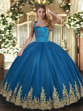 Popular Blue Sleeveless Floor Length Appliques Lace Up Sweet 16 Dresses