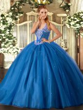 Flare Blue Sleeveless Tulle Lace Up Vestidos de Quinceanera for Military Ball and Sweet 16 and Quinceanera