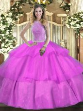 Trendy Ball Gowns Quinceanera Dress Lilac High-neck Tulle Sleeveless Floor Length Lace Up