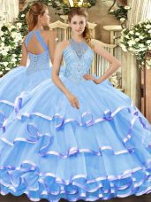 Aqua Blue Halter Top Lace Up Beading and Ruffled Layers Sweet 16 Dresses Sleeveless