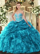 Beading and Ruffles and Pick Ups Quinceanera Gowns Teal Lace Up Sleeveless Floor Length