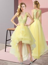 Shining Yellow Sleeveless High Low Beading Backless Prom Dress