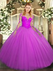 High End Fuchsia Quinceanera Gown Military Ball and Sweet 16 and Quinceanera with Lace Scoop Long Sleeves Lace Up