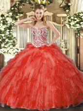 Coral Red Ball Gowns Tulle Sweetheart Sleeveless Beading and Ruffles Floor Length Side Zipper Sweet 16 Quinceanera Dress