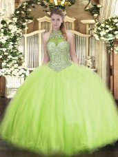 Halter Top Sleeveless Lace Up Quinceanera Dresses Yellow Green Tulle