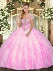 Strapless Sleeveless Tulle Quinceanera Dress Appliques and Ruffles Lace Up