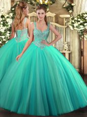 Cheap Beading Sweet 16 Dresses Turquoise Lace Up Sleeveless Floor Length