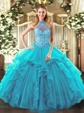 Artistic Halter Top Sleeveless Ball Gown Prom Dress Floor Length Beading and Ruffles Teal Organza