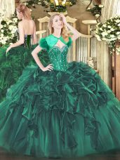 Romantic Sweetheart Sleeveless Quinceanera Dresses Floor Length Beading and Ruffles Dark Green Organza