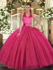 Custom Made Halter Top Sleeveless Sweet 16 Quinceanera Dress Floor Length Sequins Hot Pink Tulle