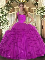 Fuchsia Tulle Lace Up 15th Birthday Dress Sleeveless Floor Length Ruffles