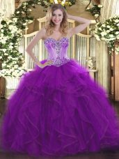Captivating Eggplant Purple 15 Quinceanera Dress Sweet 16 and Quinceanera with Beading and Ruffles Sweetheart Sleeveless Lace Up