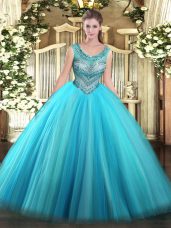 Baby Blue Ball Gowns Tulle Scoop Sleeveless Beading Floor Length Lace Up Ball Gown Prom Dress