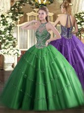 Dramatic Floor Length Green Vestidos de Quinceanera Tulle Sleeveless Beading