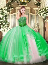 Stunning Green Ball Gowns Strapless Sleeveless Tulle Floor Length Lace Up Beading and Ruffles Quinceanera Dresses