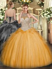 Tulle Halter Top Sleeveless Lace Up Beading and Ruffles Sweet 16 Dress in Orange