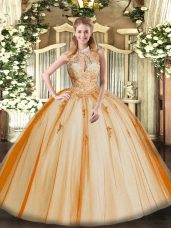 Ball Gowns Vestidos de Quinceanera Orange Red Halter Top Tulle Sleeveless Floor Length Lace Up