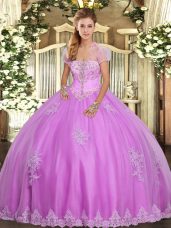 Fabulous Sleeveless Tulle Floor Length Lace Up Quinceanera Dresses in Lilac with Appliques