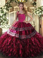 Embroidery and Ruffles Sweet 16 Dresses Wine Red Lace Up Sleeveless Floor Length
