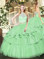Wonderful Floor Length Zipper Quinceanera Gown Apple Green for Military Ball and Sweet 16 and Quinceanera with Lace and Ruffled Layers