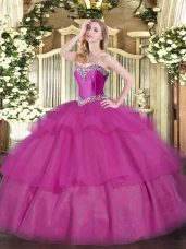 Unique Floor Length Lace Up Sweet 16 Dresses Fuchsia for Military Ball and Sweet 16 and Quinceanera with Beading and Ruffled Layers