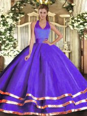 High Class Purple Halter Top Lace Up Ruffled Layers Quinceanera Gown Sleeveless