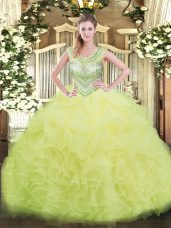 Exceptional Yellow Green Ball Gowns Beading and Ruffles and Pick Ups Quinceanera Gown Lace Up Organza Sleeveless Floor Length