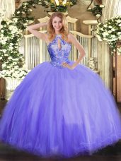 Lavender Ball Gowns Tulle Halter Top Sleeveless Beading Floor Length Lace Up Quince Ball Gowns