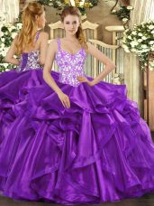 Glittering Straps Sleeveless Quinceanera Dresses Floor Length Beading and Appliques and Ruffles Eggplant Purple Organza