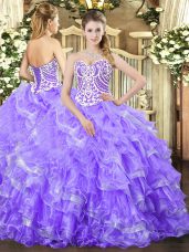 Sleeveless Floor Length Beading and Ruffled Layers Lace Up Sweet 16 Quinceanera Dress with Lavender