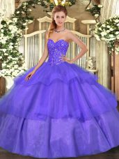 Lavender Ball Gowns Sweetheart Sleeveless Tulle Floor Length Lace Up Beading and Ruffled Layers Quinceanera Dresses