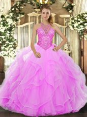 Rose Pink Ball Gowns Beading and Ruffles Quinceanera Dress Lace Up Organza Sleeveless Floor Length