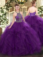 Halter Top Sleeveless Quinceanera Gowns Floor Length Beading and Ruffles Purple Tulle