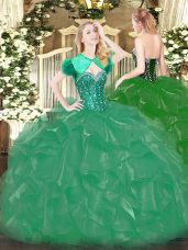 Turquoise Ball Gowns Organza Sweetheart Sleeveless Beading and Ruffles Floor Length Lace Up Sweet 16 Quinceanera Dress