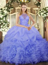 Halter Top Sleeveless 15th Birthday Dress Floor Length Beading and Ruffles and Pick Ups Blue Organza