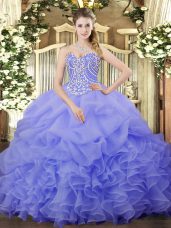 Flare Lavender Sleeveless Floor Length Beading and Ruffles and Pick Ups Lace Up 15th Birthday Dress
