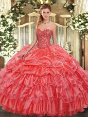 Coral Red Quince Ball Gowns Military Ball and Sweet 16 and Quinceanera with Beading and Ruffles and Pick Ups Sweetheart Sleeveless Lace Up