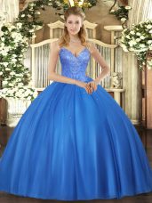 Floor Length Blue Quince Ball Gowns V-neck Sleeveless Lace Up