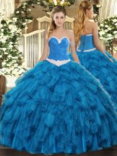 Luxury Blue Organza Lace Up Sweetheart Sleeveless Floor Length Sweet 16 Quinceanera Dress Appliques and Ruffles