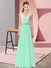 Fine Floor Length Lace Up Prom Party Dress Apple Green for Prom and Party with Beading