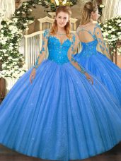 Superior Baby Blue Lace Up Quince Ball Gowns Lace Long Sleeves Floor Length