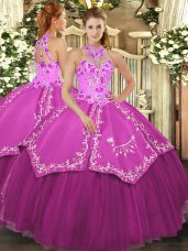 Pretty Fuchsia Lace Up Quinceanera Gowns Beading and Embroidery Sleeveless Floor Length