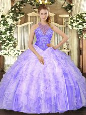 Floor Length Lavender Quinceanera Gowns High-neck Sleeveless Lace Up